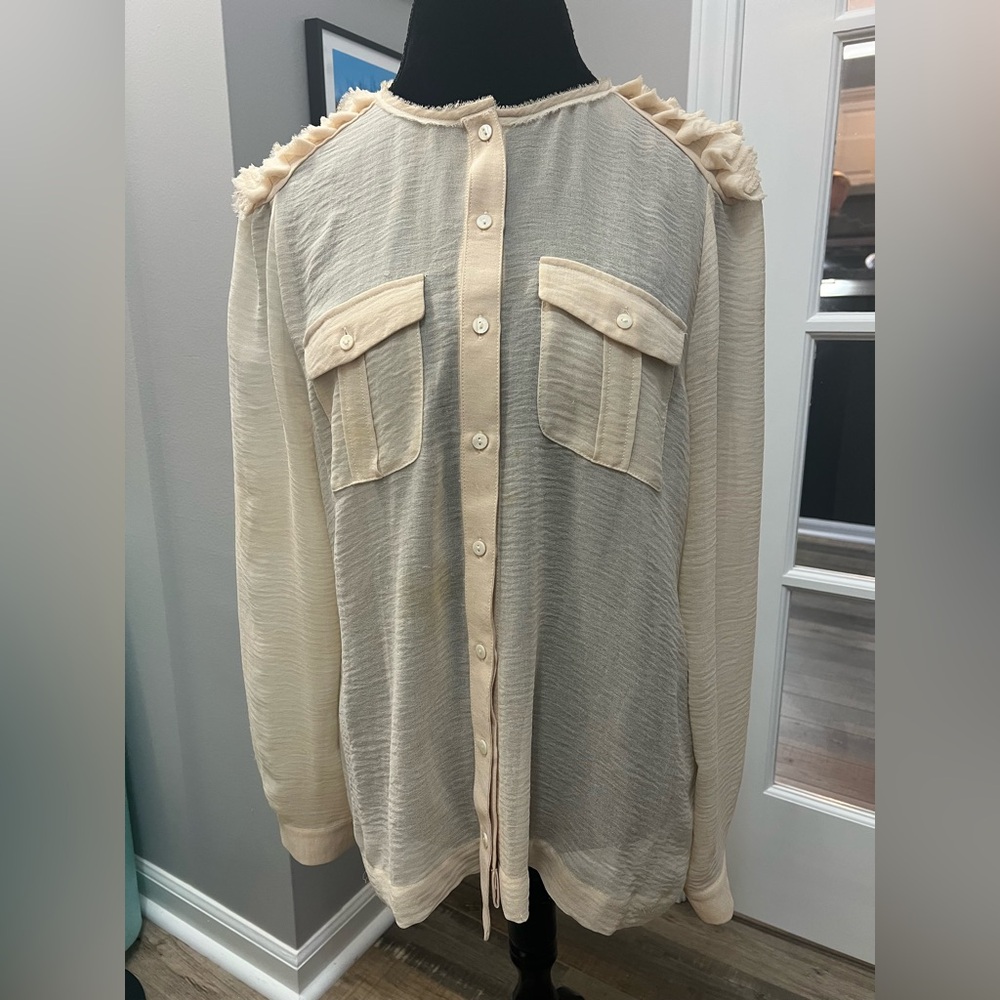 Alberto Makali Cream Sheer Button-Up Blouse w/unique ruffle shoulder detail XL